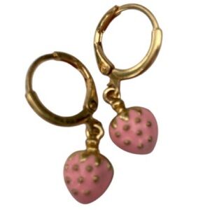 Pink Strawberry 🍓 Gold Drop Hoop Lever Earrings